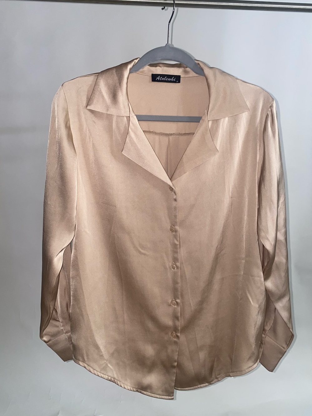 Atalewhi Silk-Feel Button Down Blouse in Champagne Beige